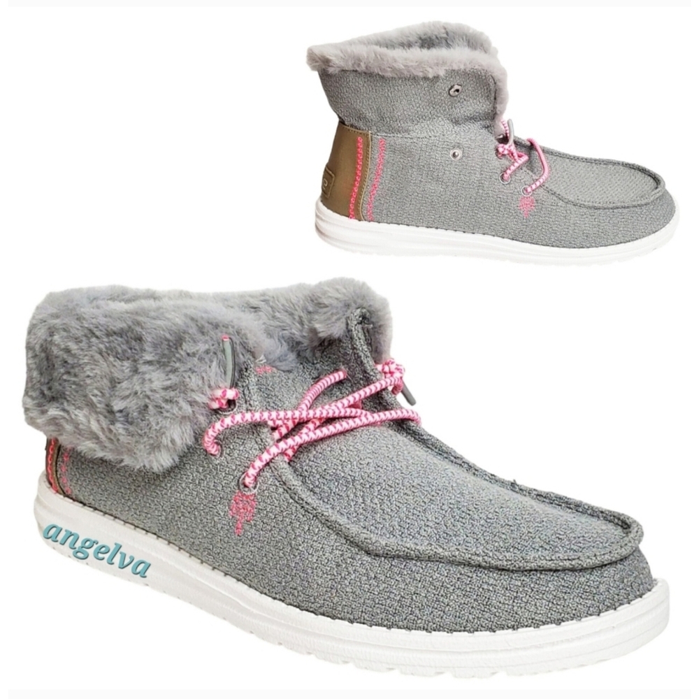 NWT Hey Dude Britt youth girls boho fold slip on shoes boots grey pink faux fur